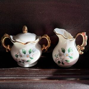 Miniature Floral Porcelain Sugar and Creamer Set with Gold Accents